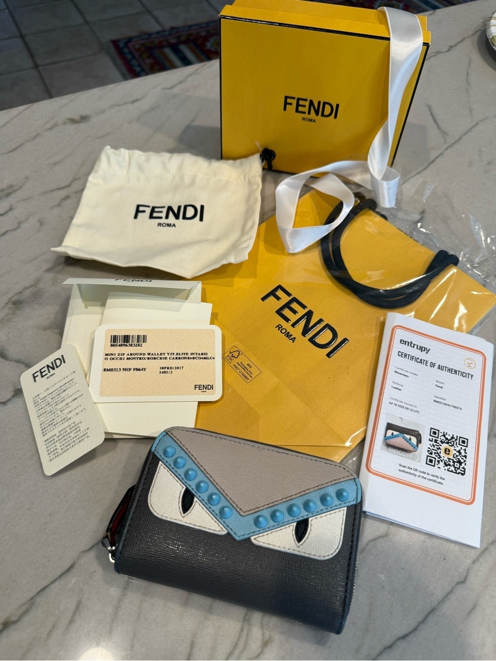 Fendi Mini Zip Around Monster Eyes Wallet Gray Blue Studs Vitello Elite +Box&COA